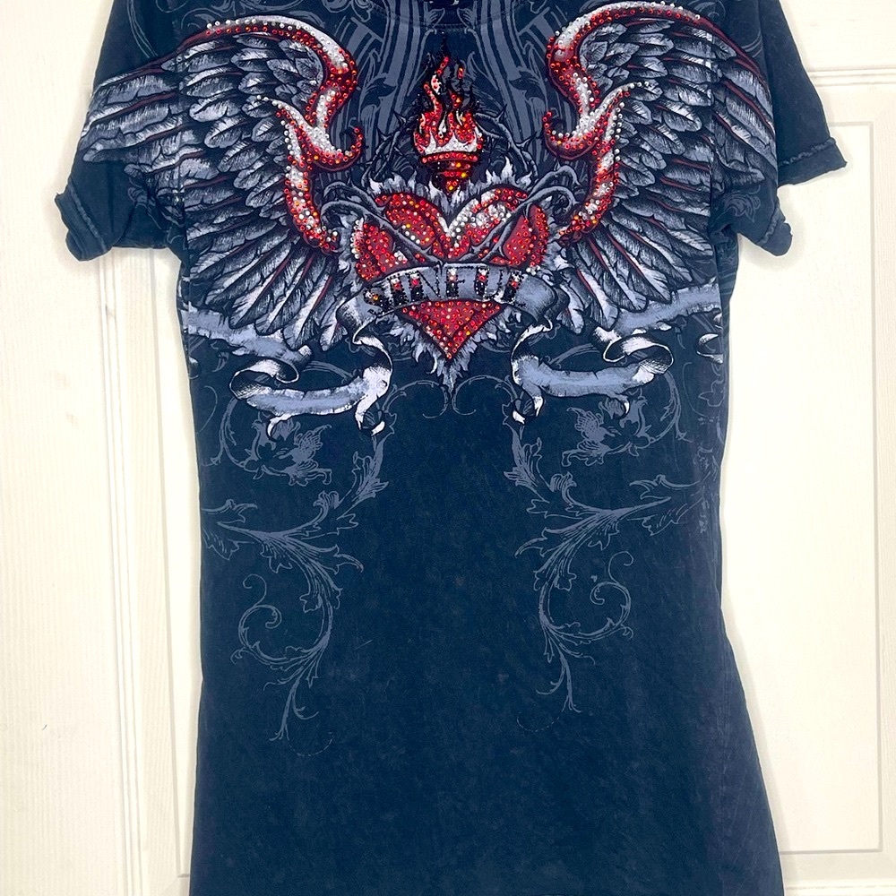 Sinful Black Tee with Red and Gray Winged Heart Design